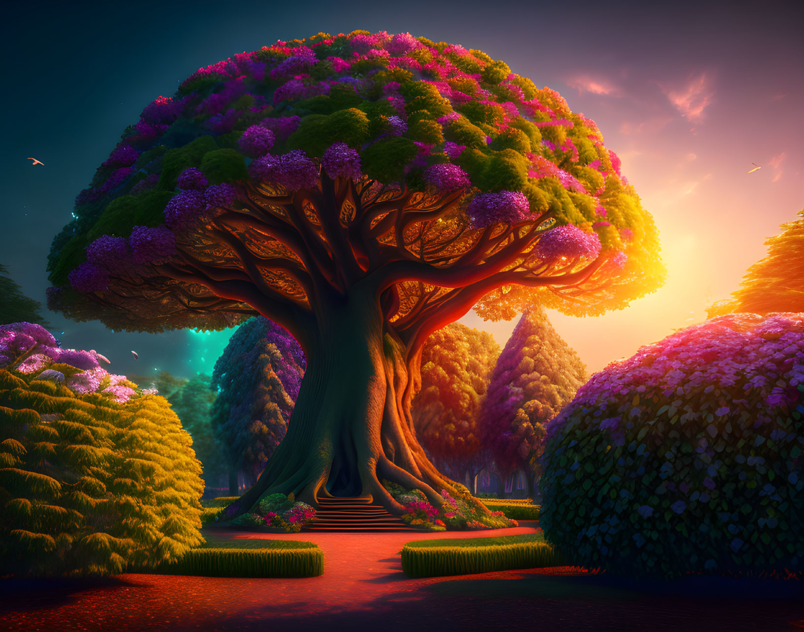 Majestic tree in vibrant fantasy landscape under sunset sky