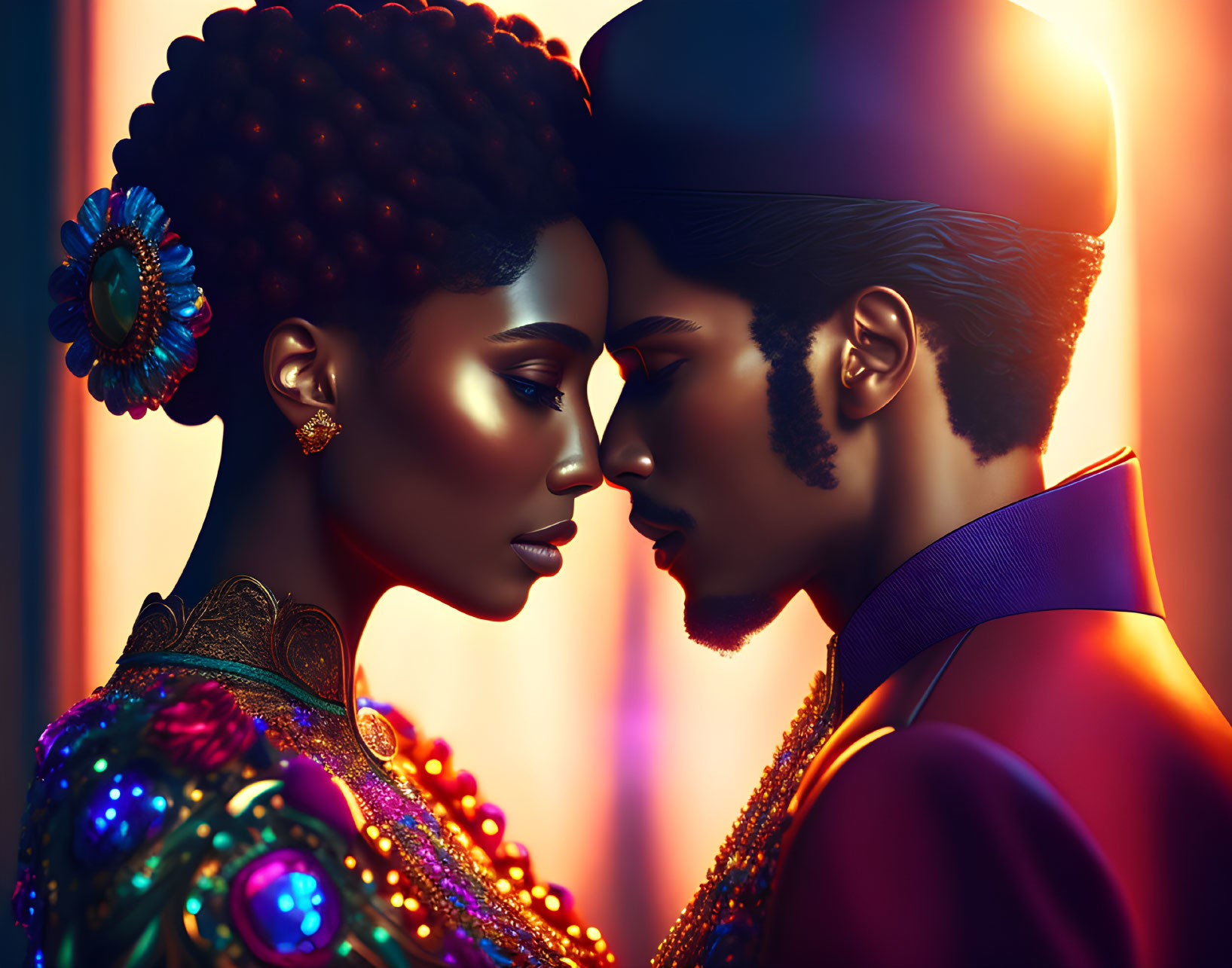 Regal couple in luxurious ethnic attire - Close-up profile illustration