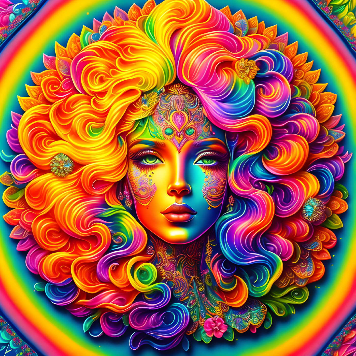 Colorful digital artwork: Woman with flowing hair and intricate patterns on face against rainbow background