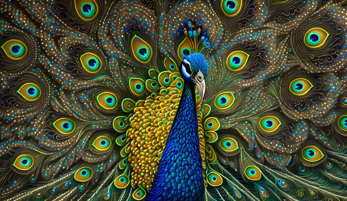 Colorful Peacock with Iridescent Blue and Green Tail Feathers