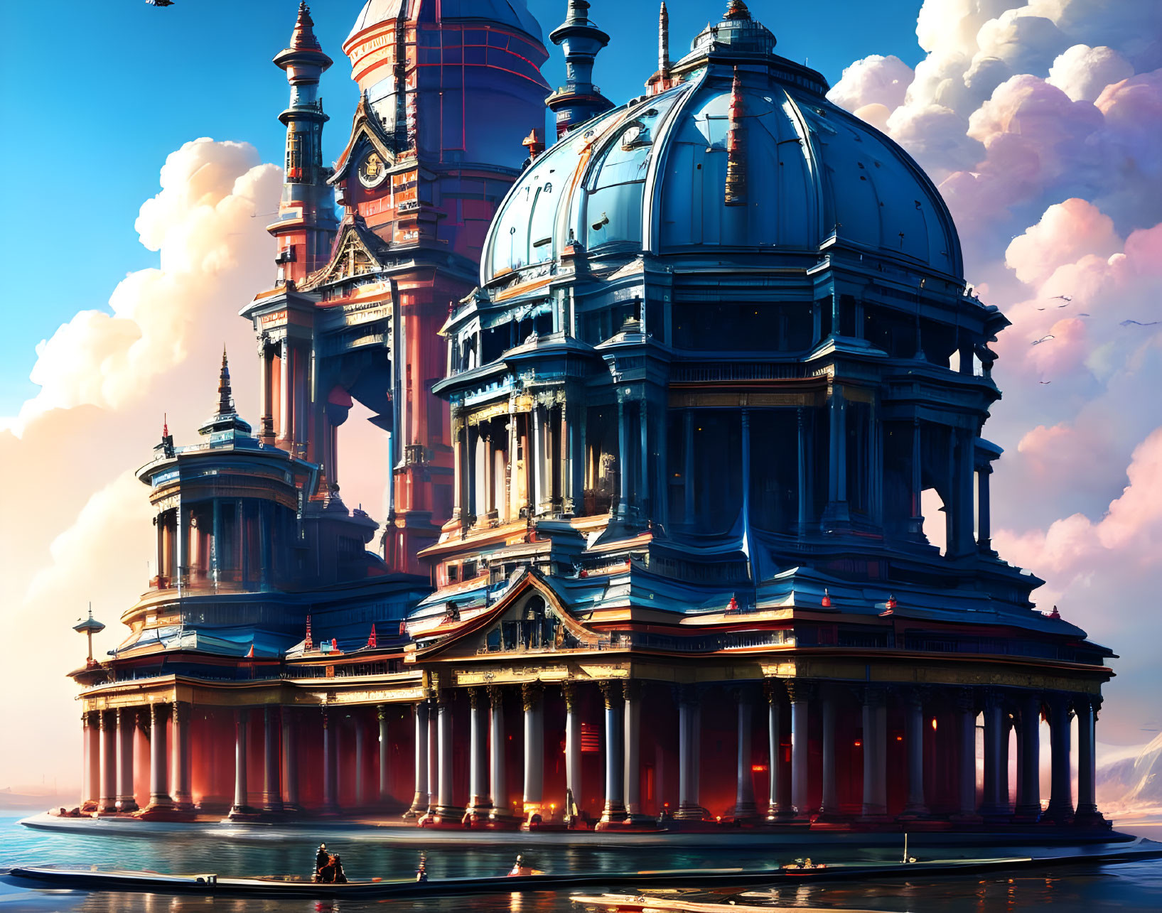 Majestic fantasy palace with ornate spires and dome in warm sunlight