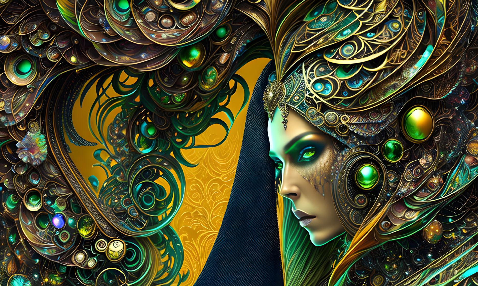 Fantasy digital art of woman with metallic skin and golden headpieces