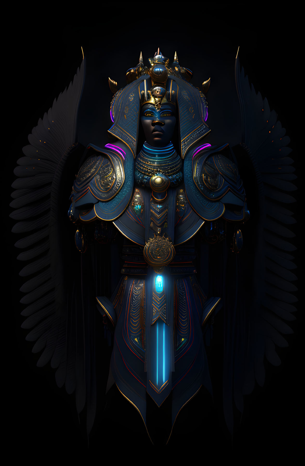 Majestic figure in dark armor with glowing blue accents and gold details against black background