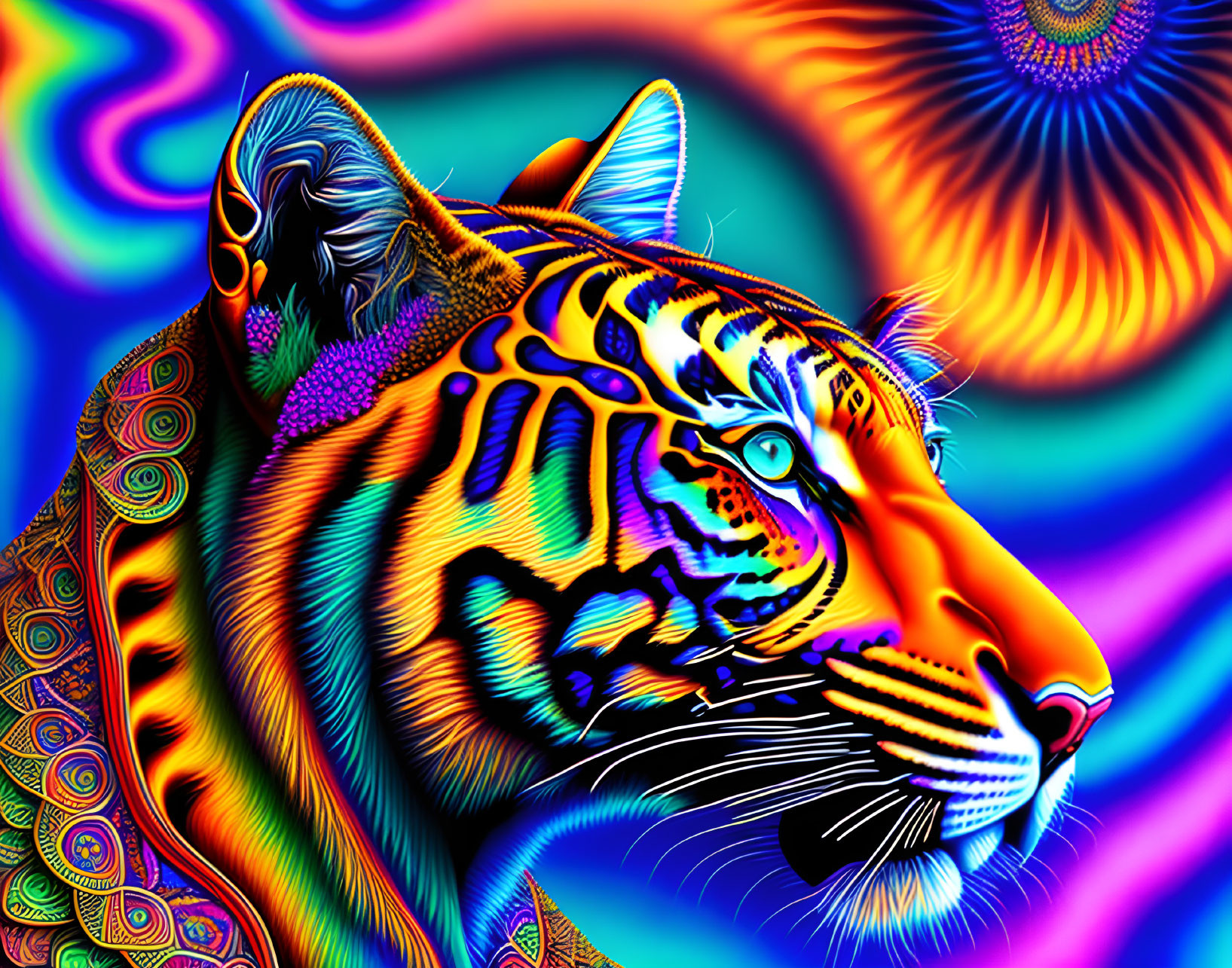 Colorful Tiger Artwork with Psychedelic Patterns