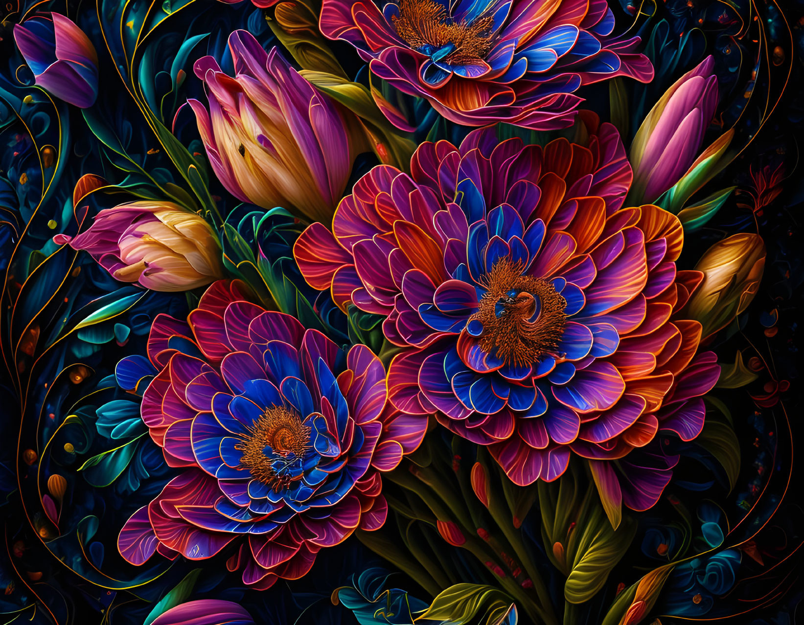 Colorful digital artwork: stylized flowers in blues, purples, and reds