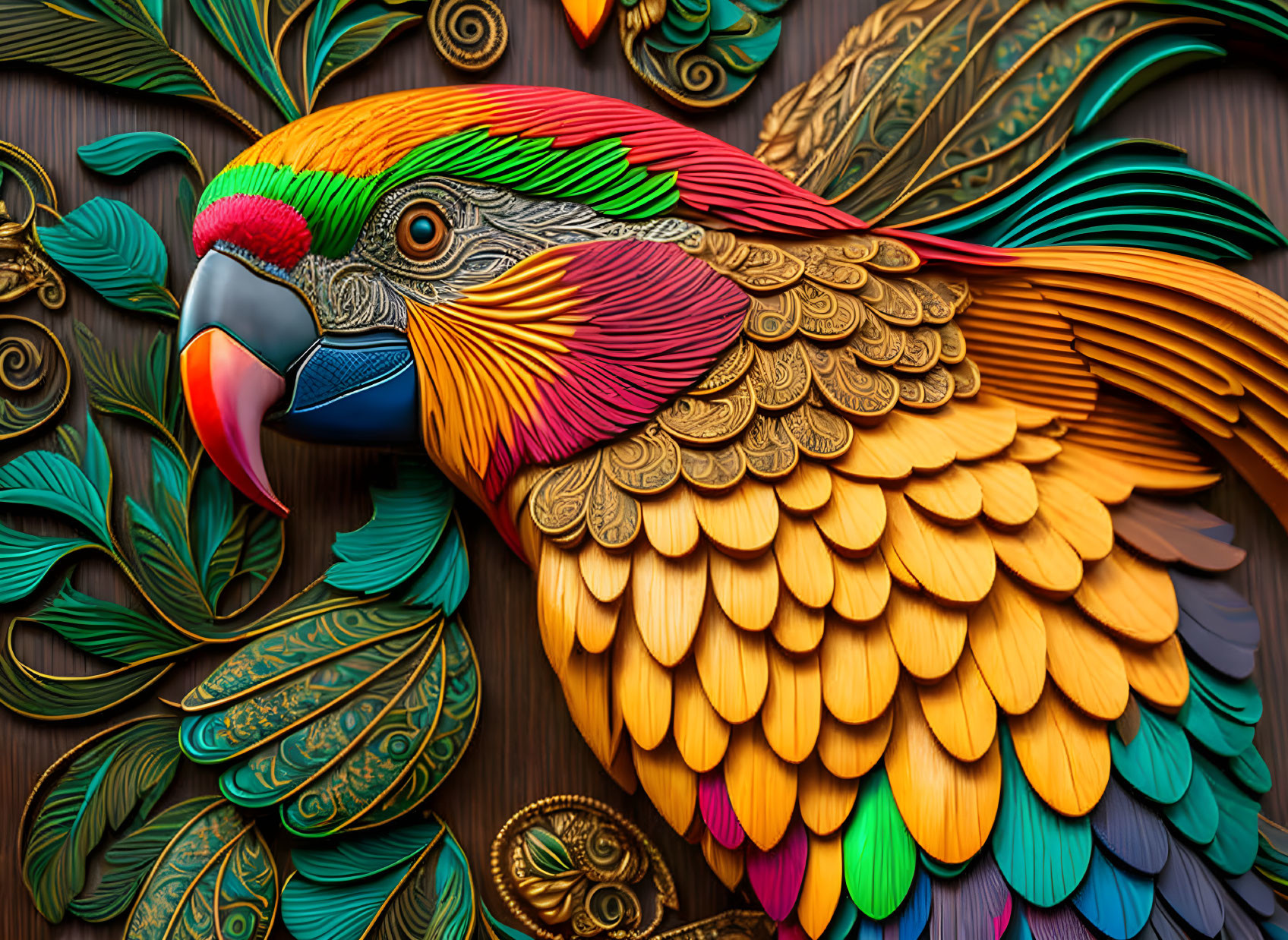 Colorful Parrot Relief Sculpture with Detailed Feathers on Patterned Background