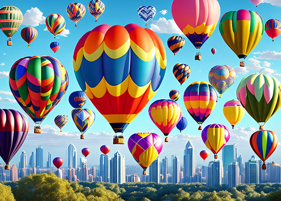 Colorful Hot Air Balloon Festival Over Cityscape Skyline