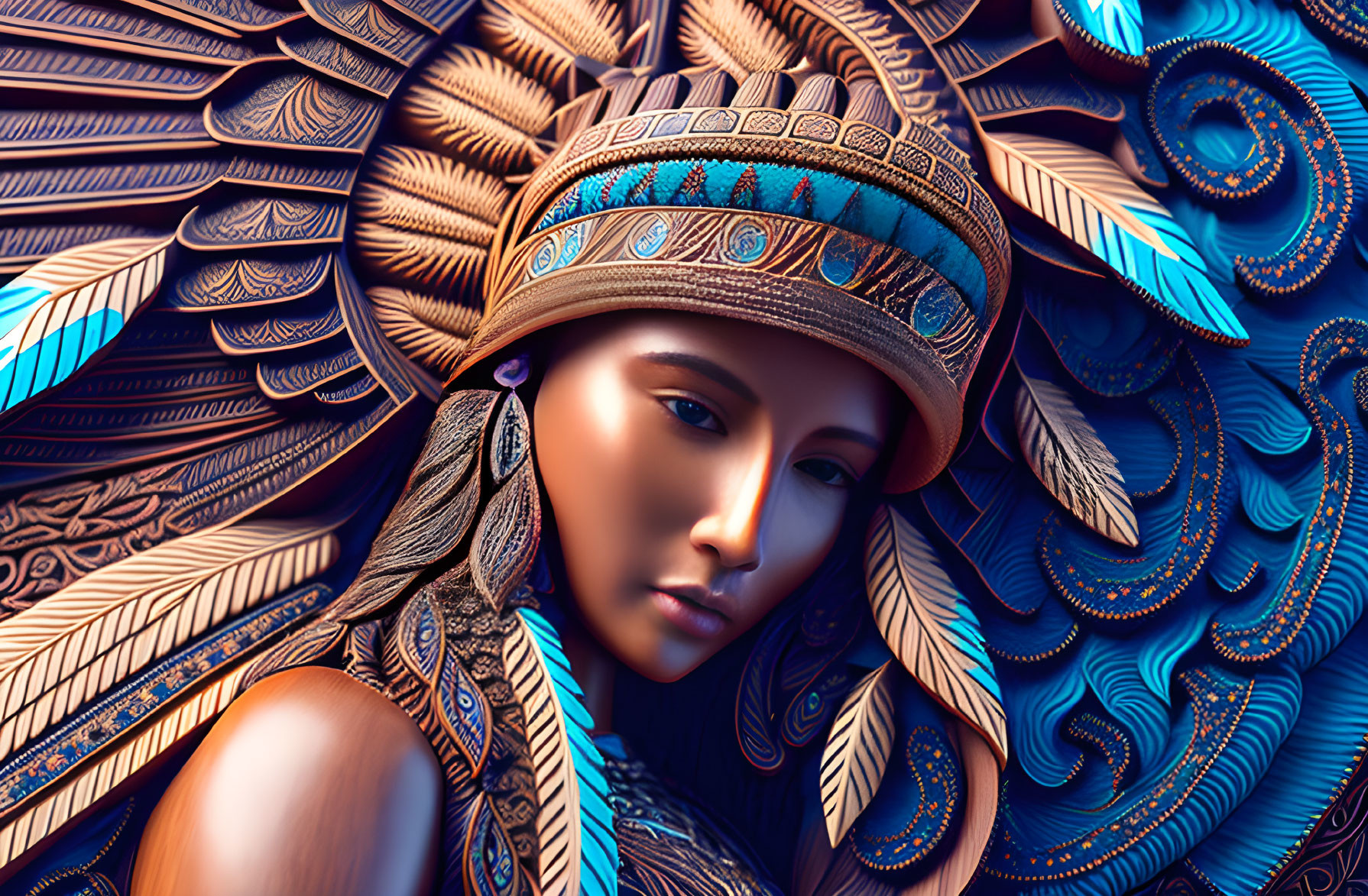 Digital artwork of person in indigenous attire with feathered headgear against ornate blue and brown backdrop