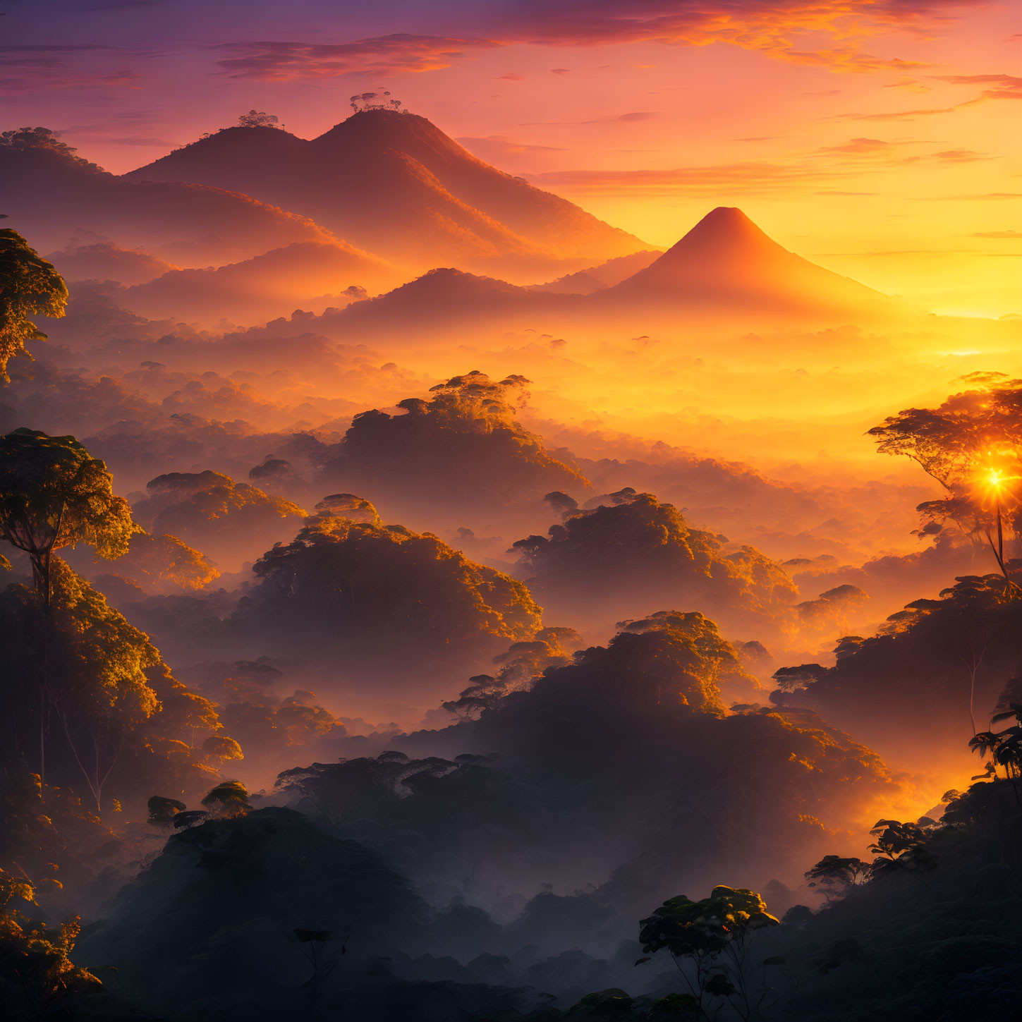 Tropical forest sunrise with vivid sky and silhouetted mountains