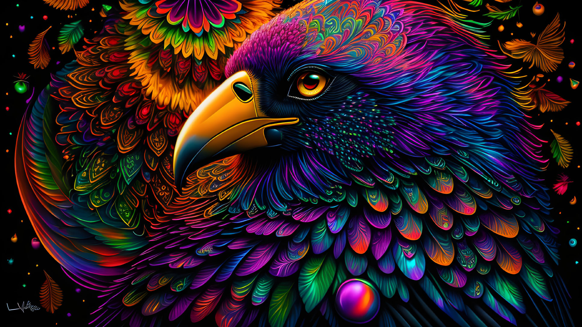 Colorful Psychedelic Eagle Illustration with Floral Motifs