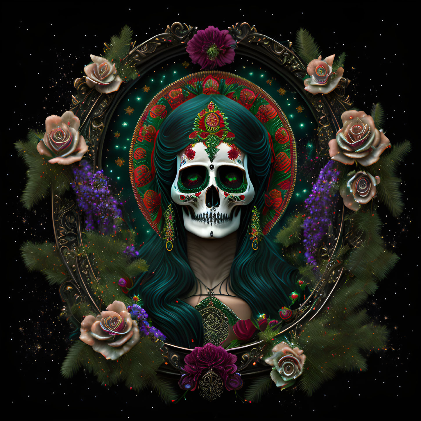 Female Calavera Illustration in Ornate Frame with Flowers for Day of the Dead