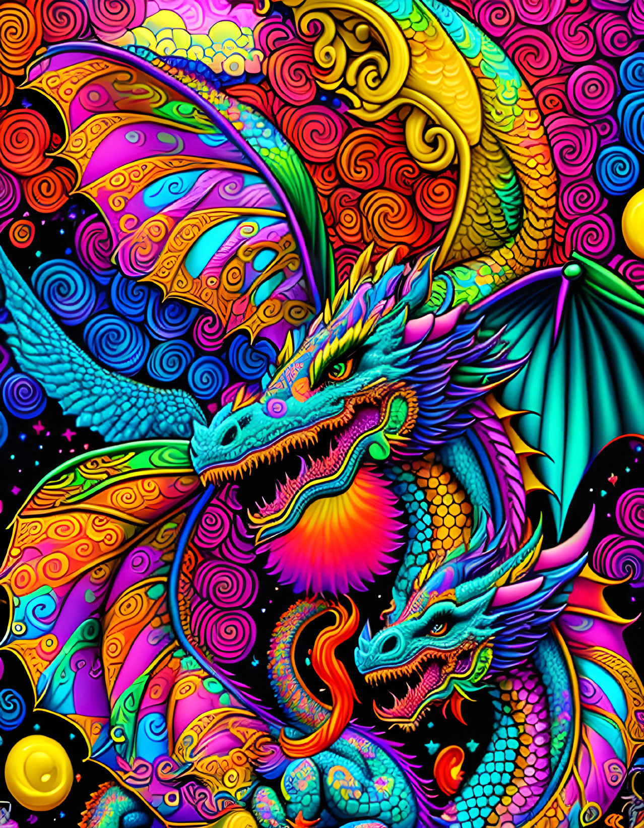 Colorful Dragons Intertwined on Psychedelic Background