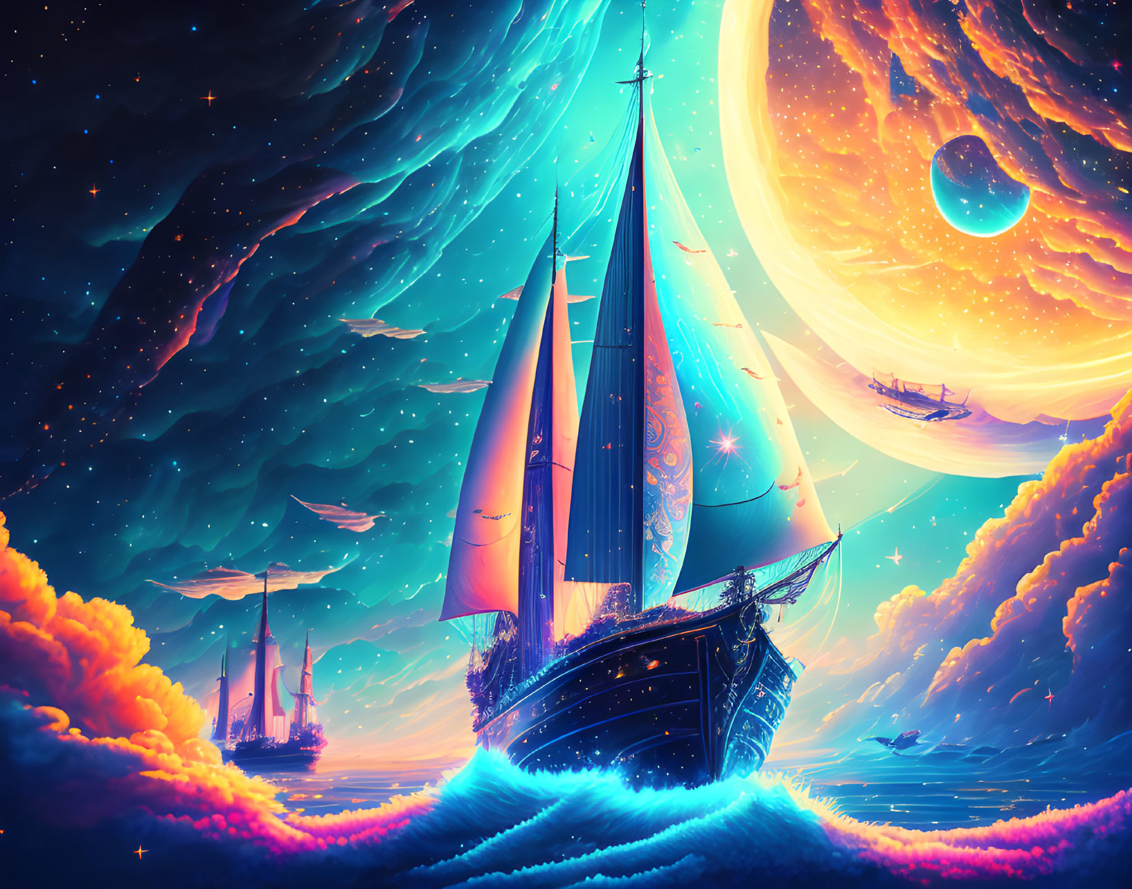 Surreal seascape with sailing ships and oversized celestial bodies