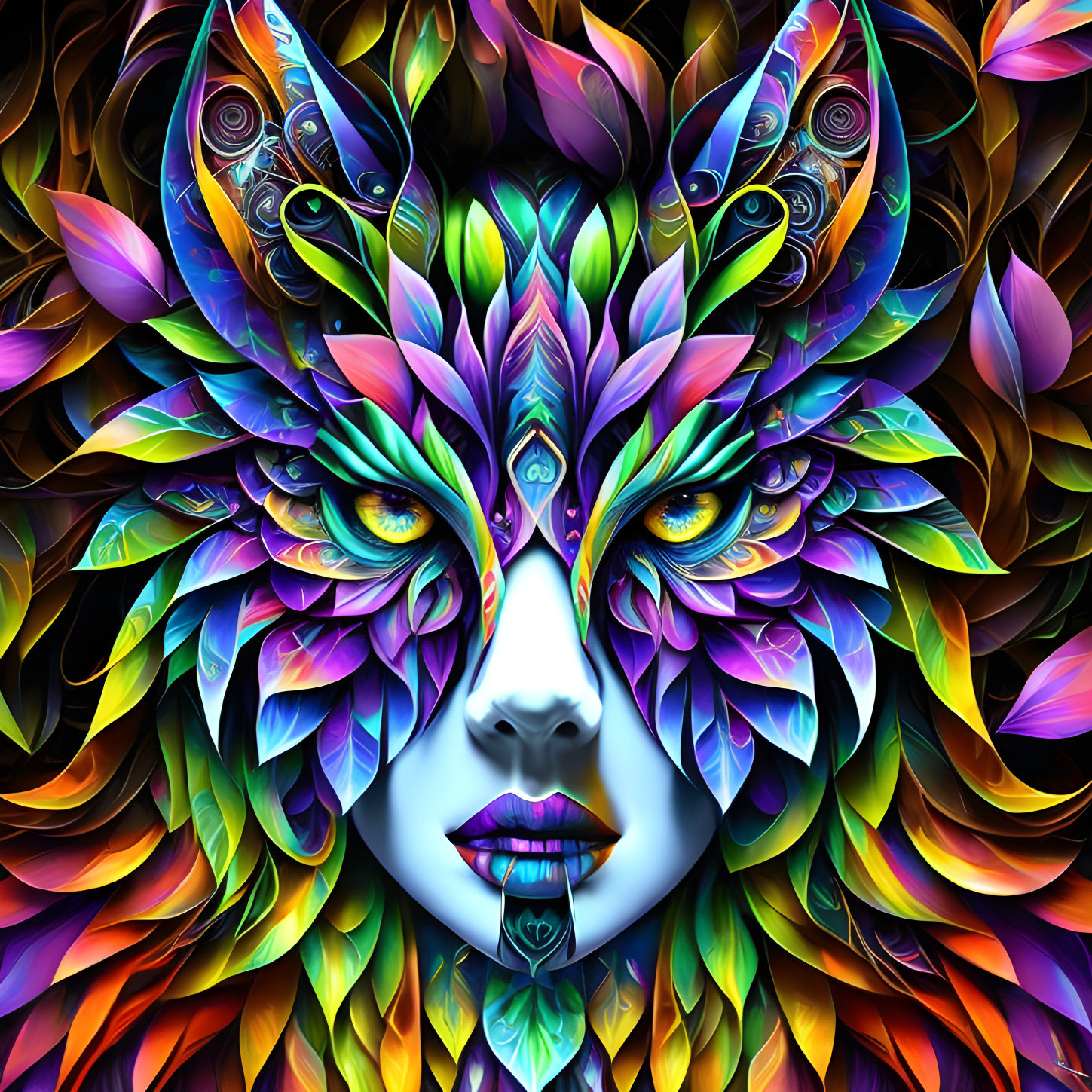 Colorful digital artwork: Woman's face with leaf-like patterns