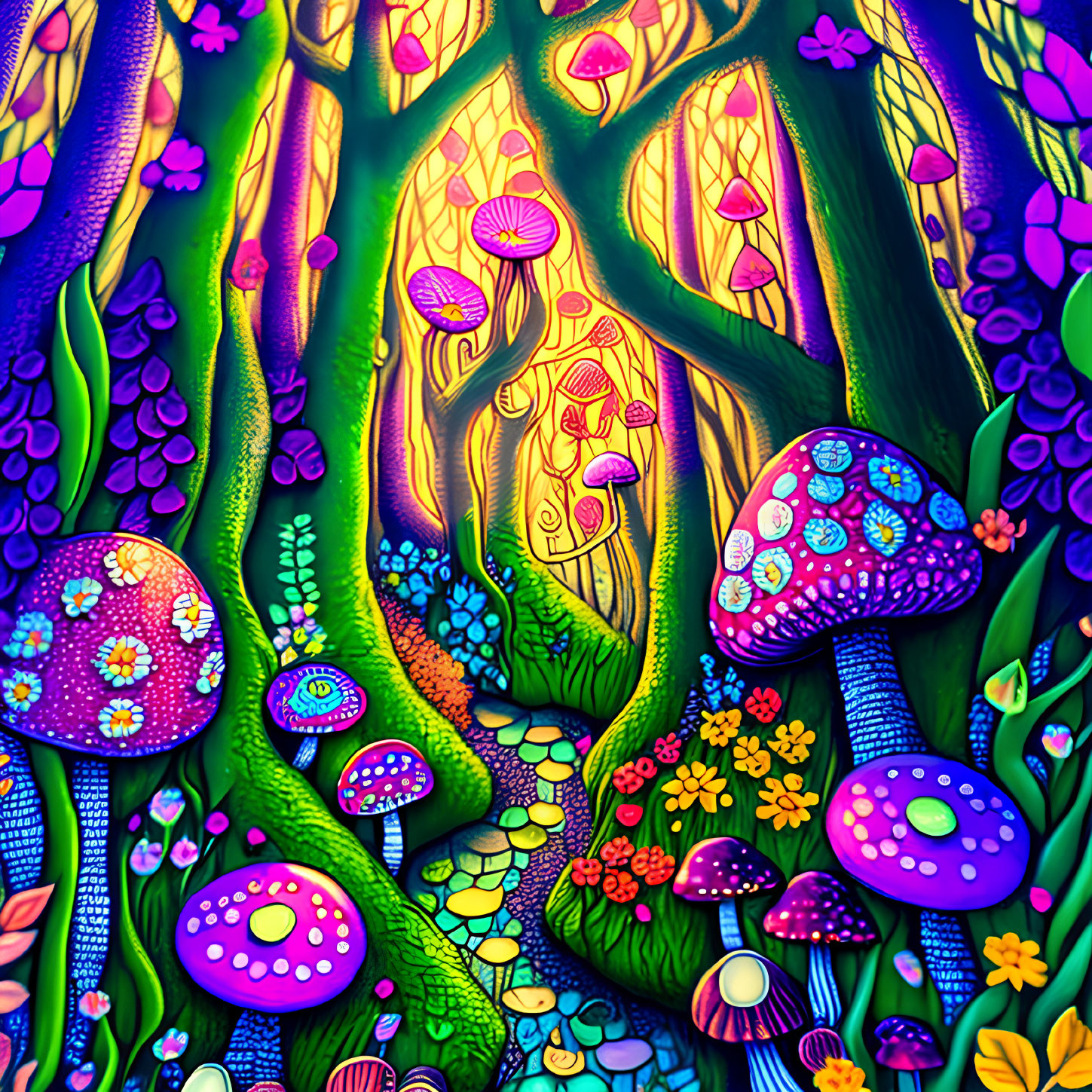 Colorful psychedelic forest illustration with whimsical trees and mushrooms