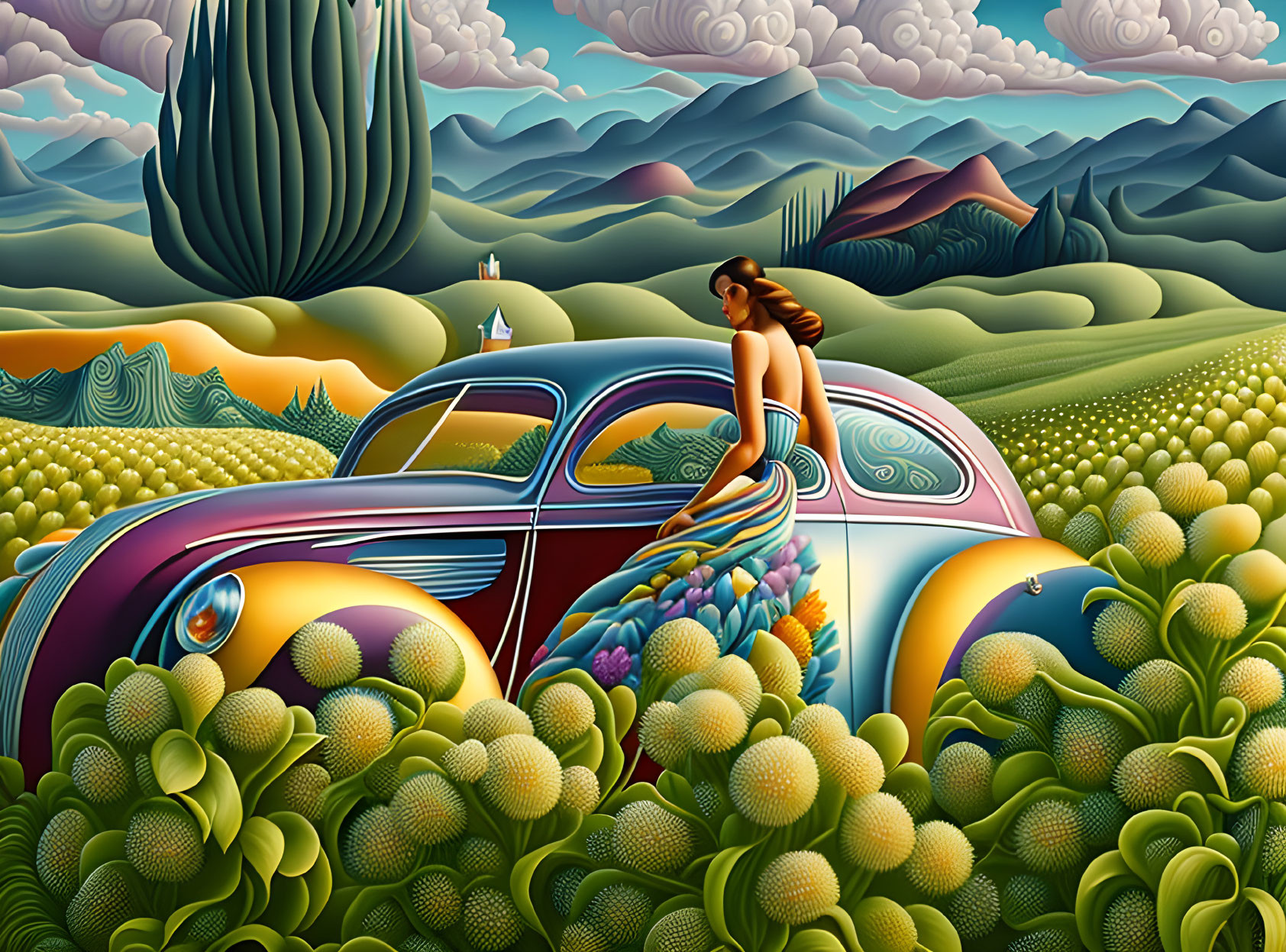 Vibrant surreal landscape with rolling hills, large cactus, woman on colorful car.