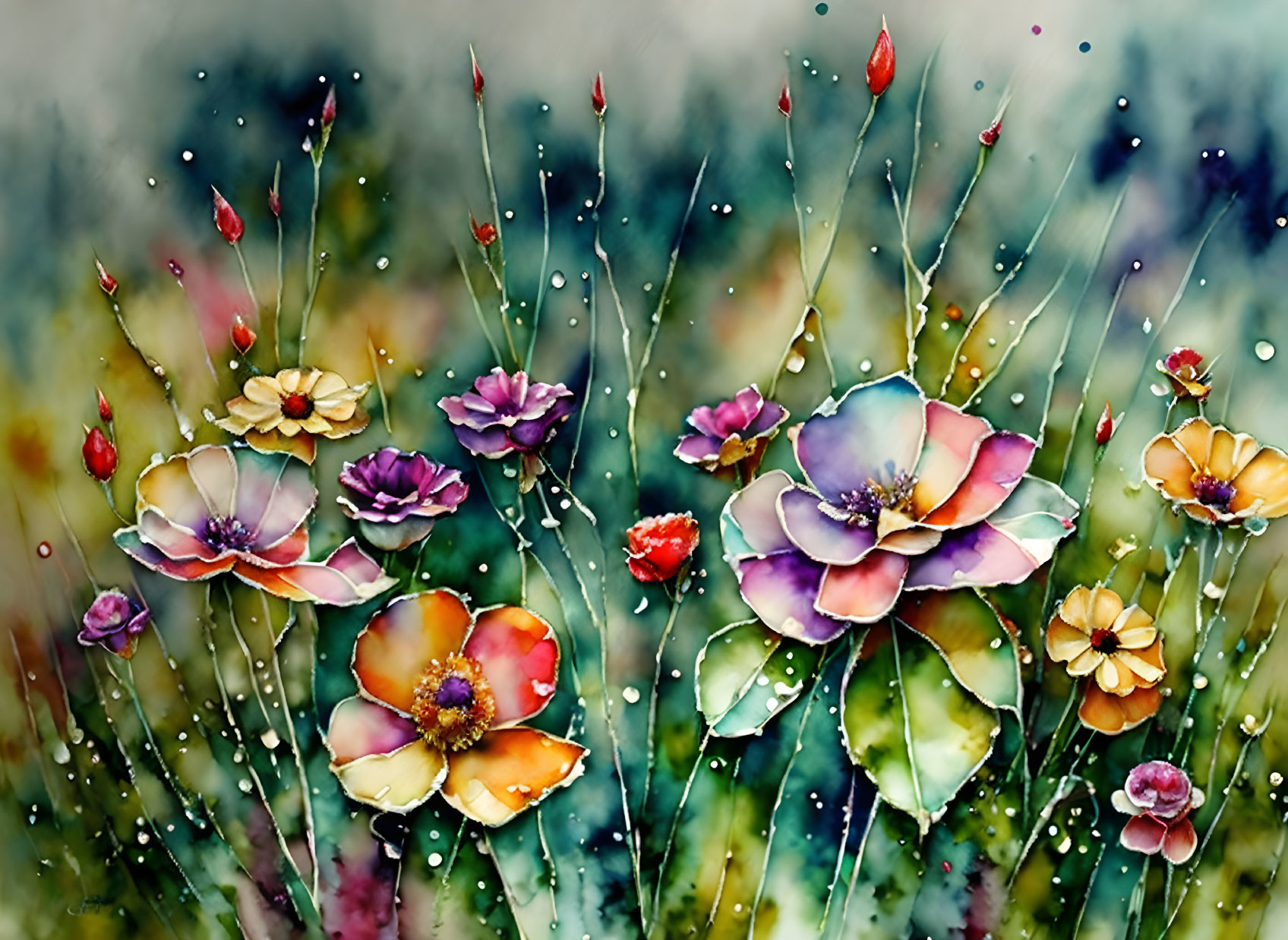 Colorful Watercolor Painting of Flowers on Green Background