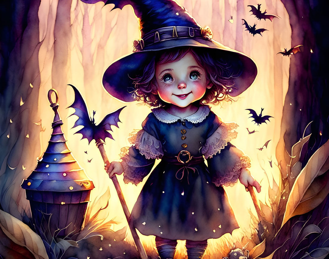 Young Witch with Curly Hair Surrounded by Bats in Forest