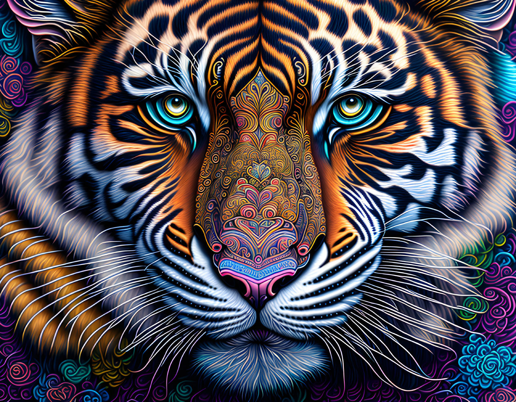 Colorful Tiger Face Artwork with Psychedelic Patterns