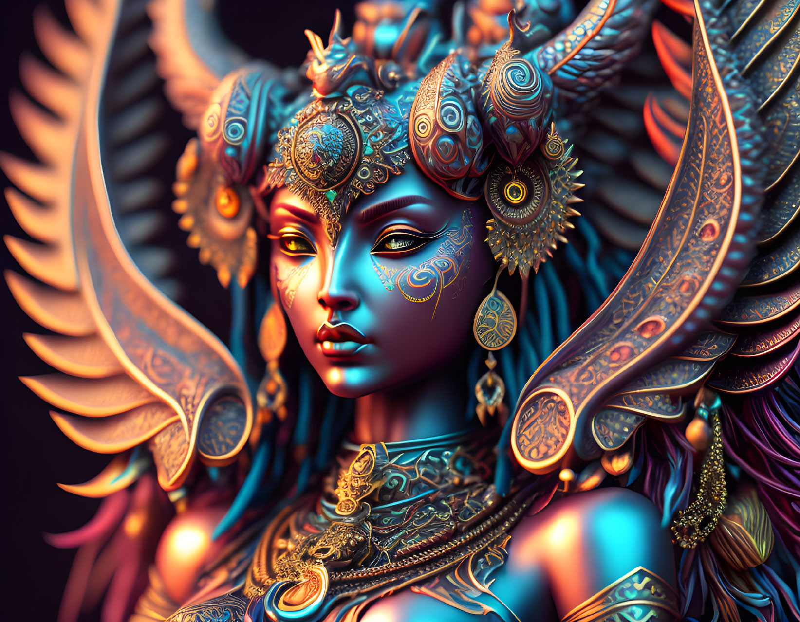 Detailed digital artwork of female figure with gold and blue headdress and feathers