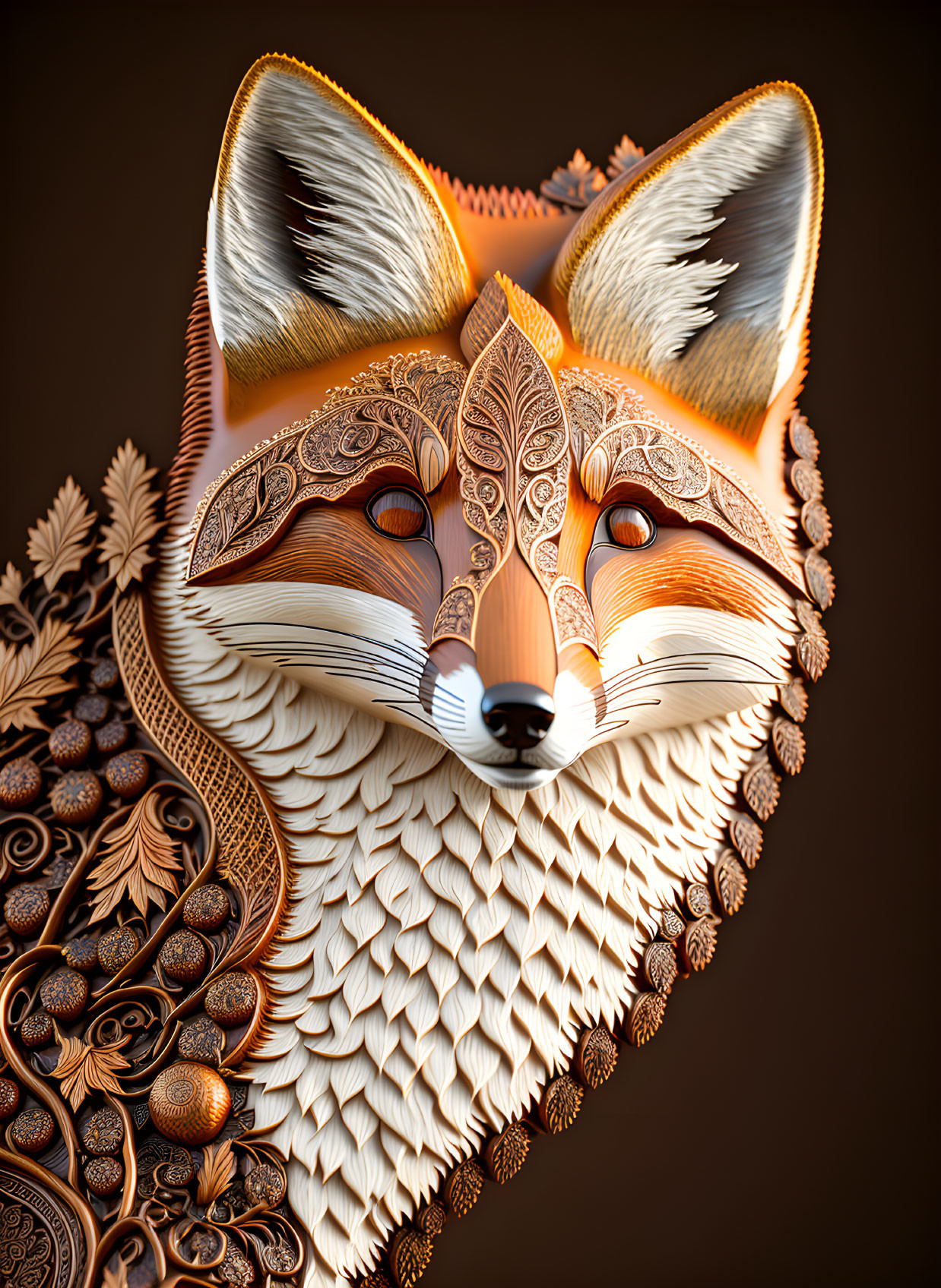 Detailed Stylized Fox Head Artwork with Ornamental Designs and Feathers