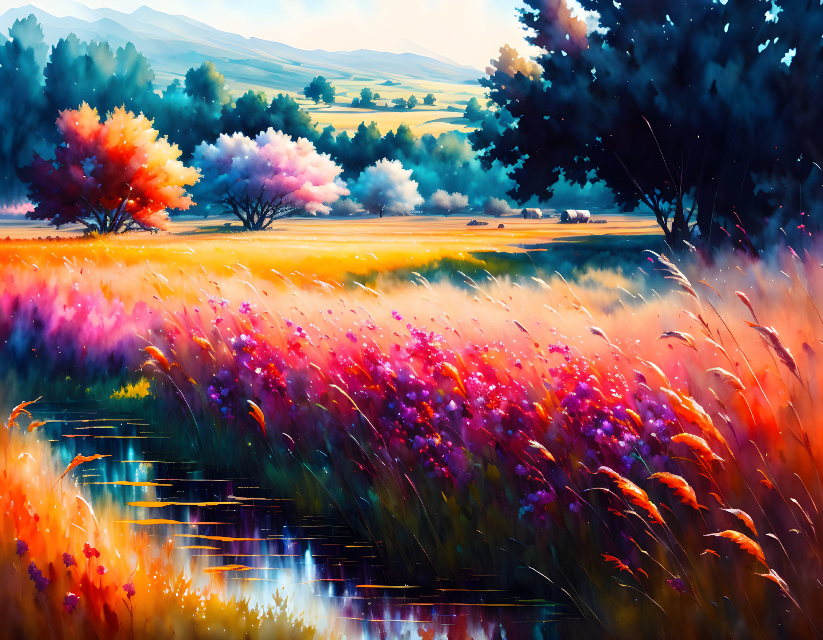 Colorful wildflowers, tranquil pond, rolling hills: a serene landscape painting