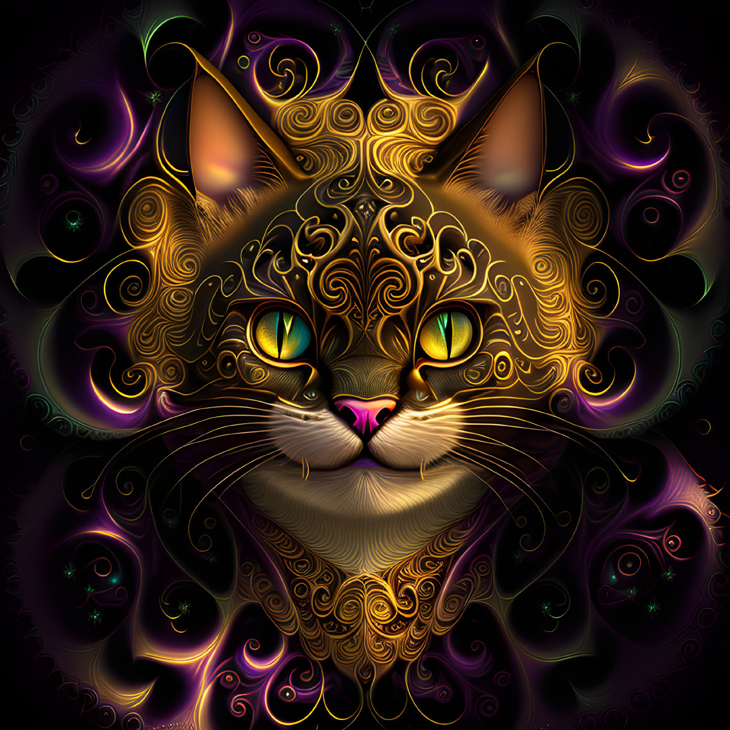 Stylized cat digital artwork with golden patterns and green eyes