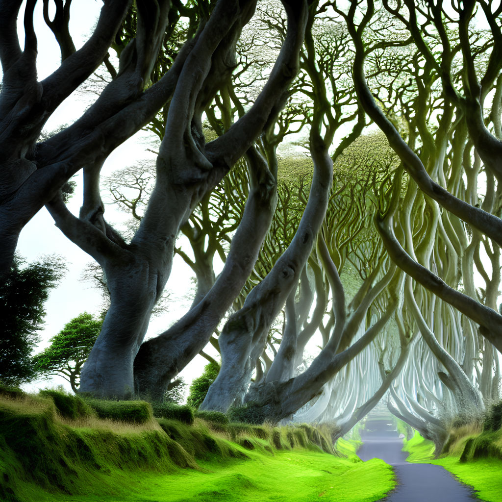 Tranquil tree-lined road with intertwined branches forming natural archway