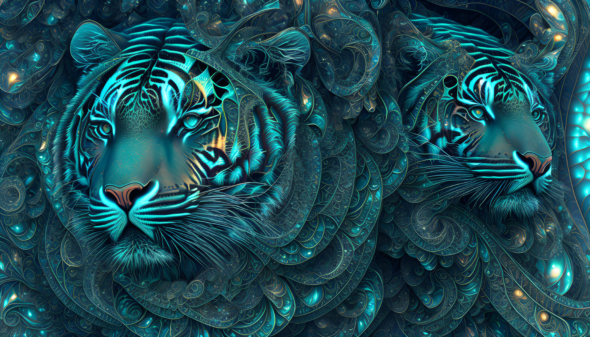 Fractal tigers in blue and teal patterns