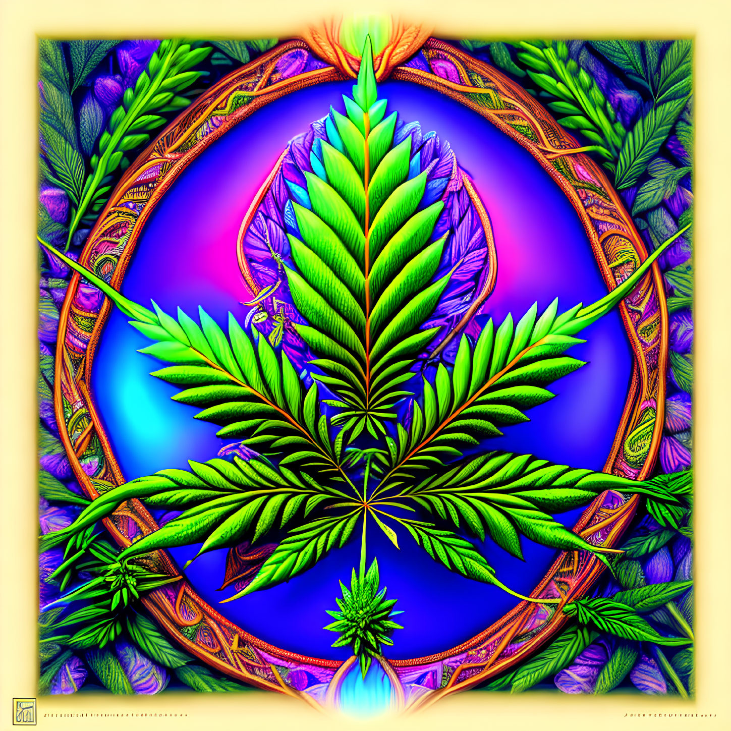 Colorful Psychedelic Cannabis Leaf Mandala Artwork on Gradient Background