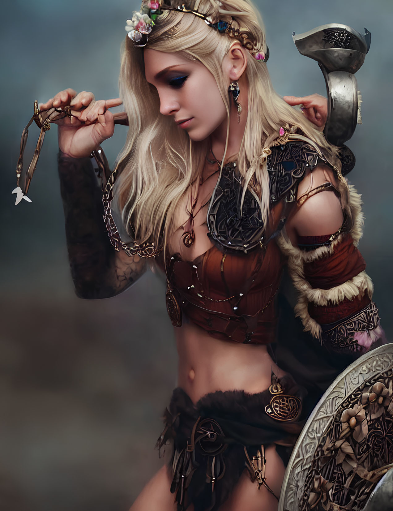 Blonde fantasy warrior woman with floral crown, sword, shield