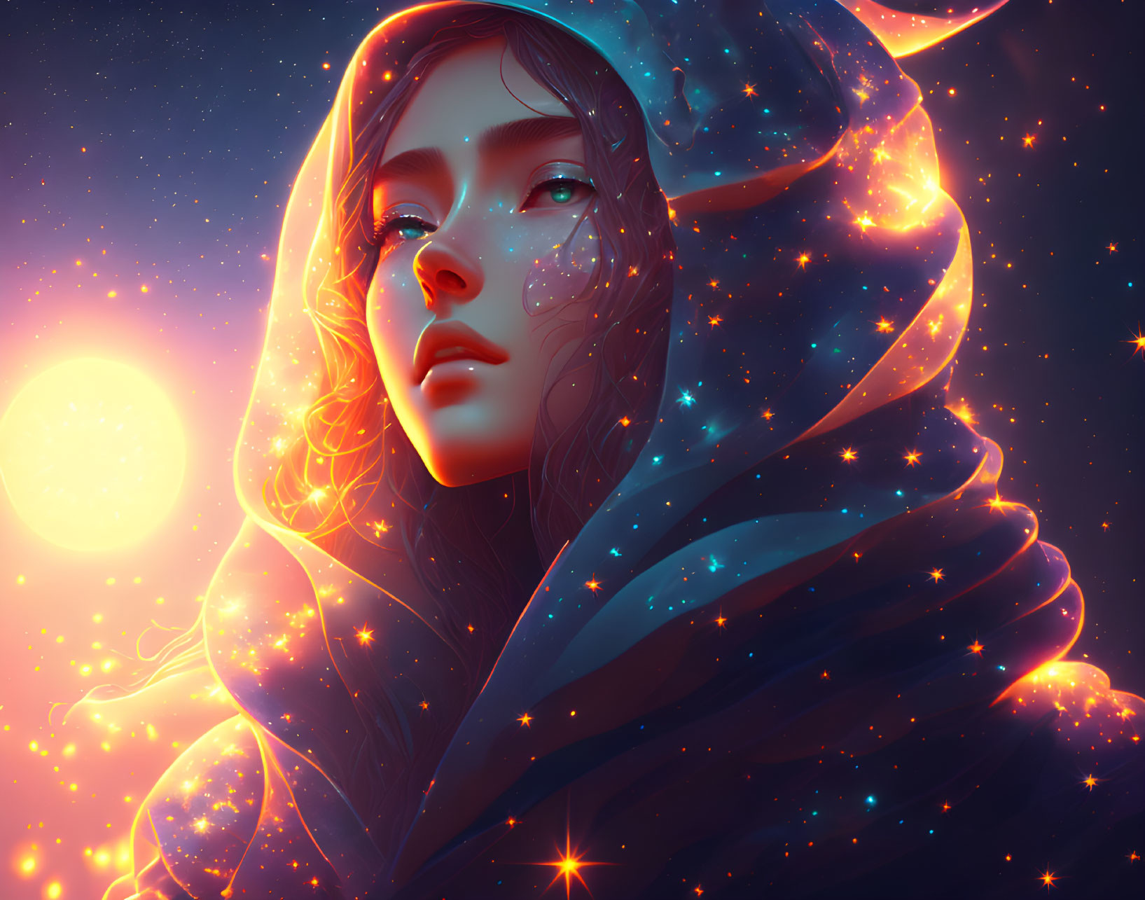 Celestial-themed digital artwork of a woman with starry cloak and glowing sun orb.