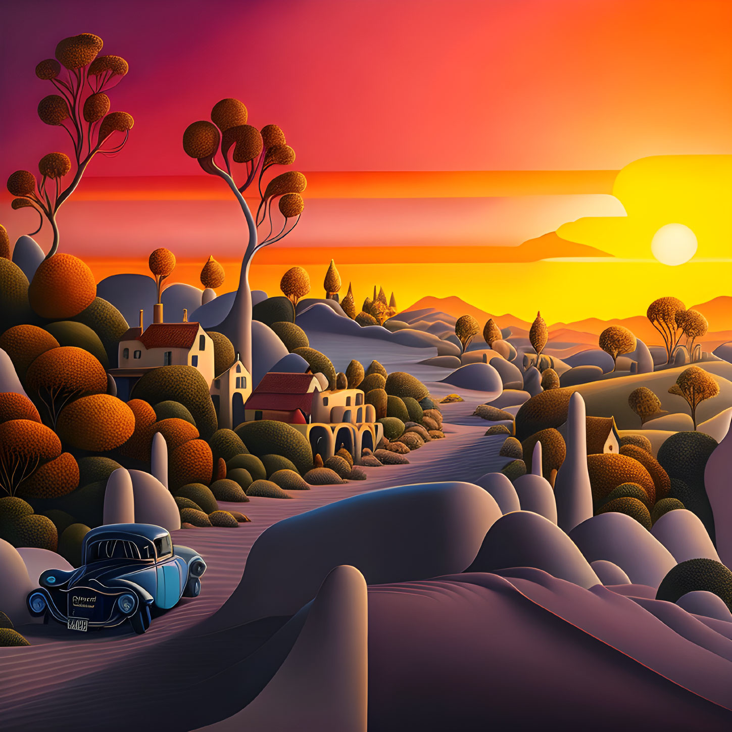 Stylized sunset landscape with vintage car, trees, houses & warm hues