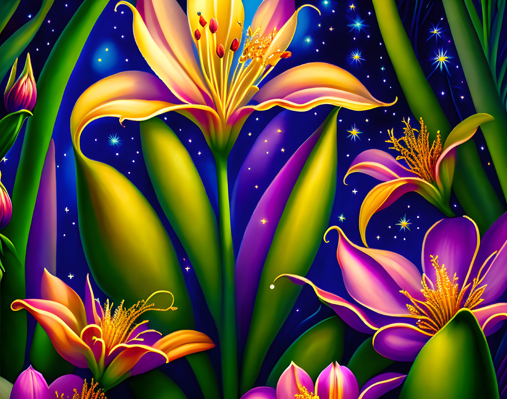 Colorful digital art: Exotic flowers with luminous stamen and petals on a starry night