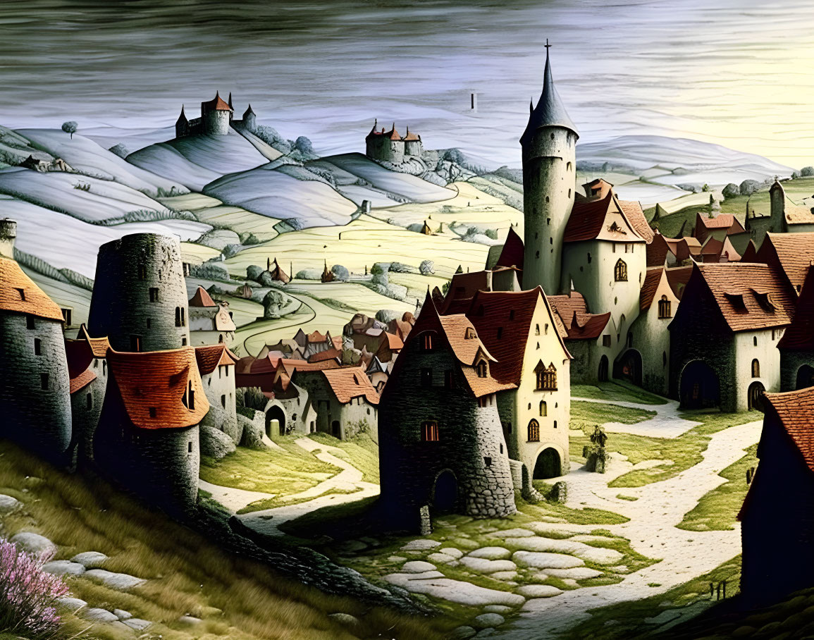 Medieval village illustration with stone buildings, castle, fields, and snowy mountains