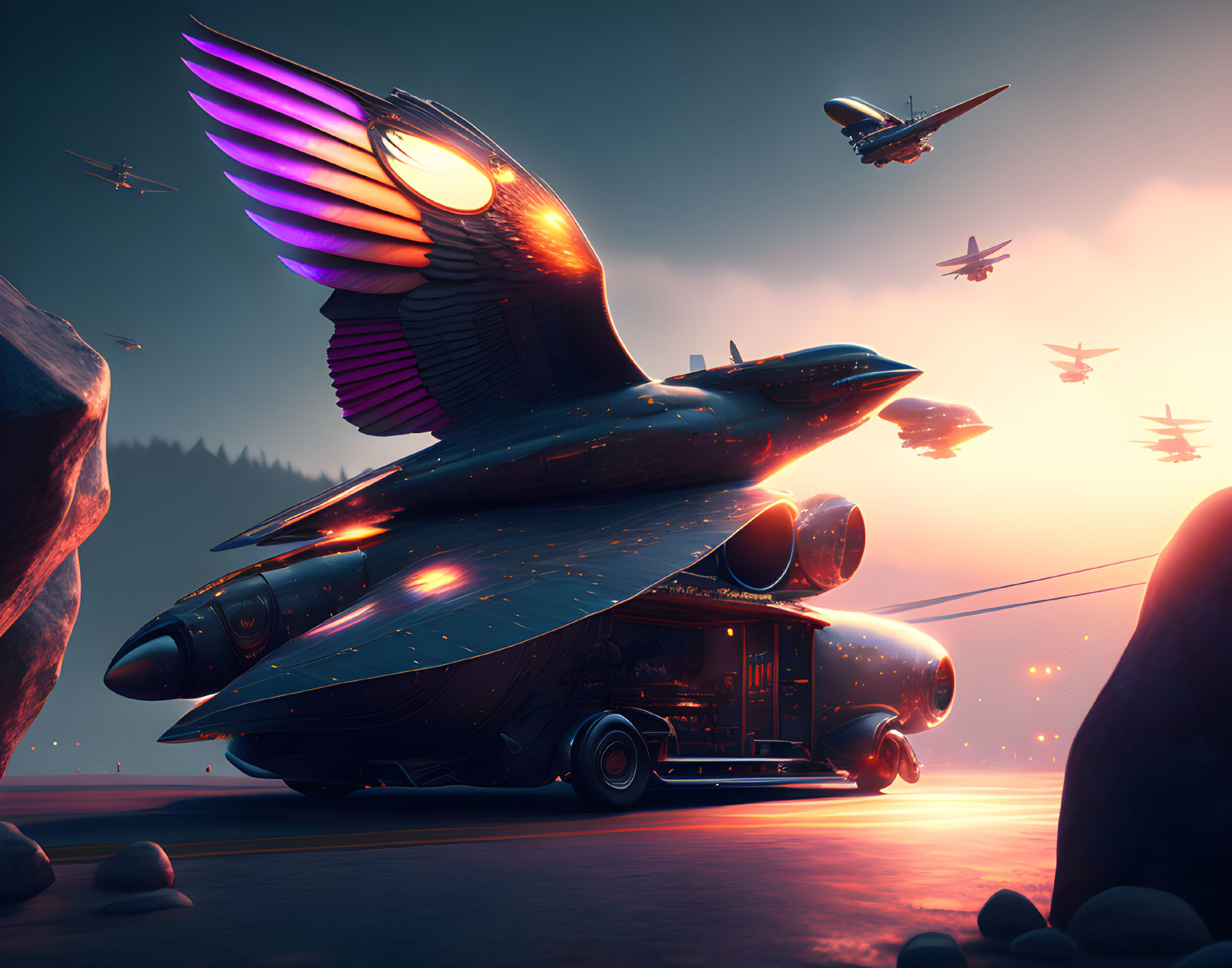 Futuristic aircraft with purple illuminated bird-like wings on dusk runway