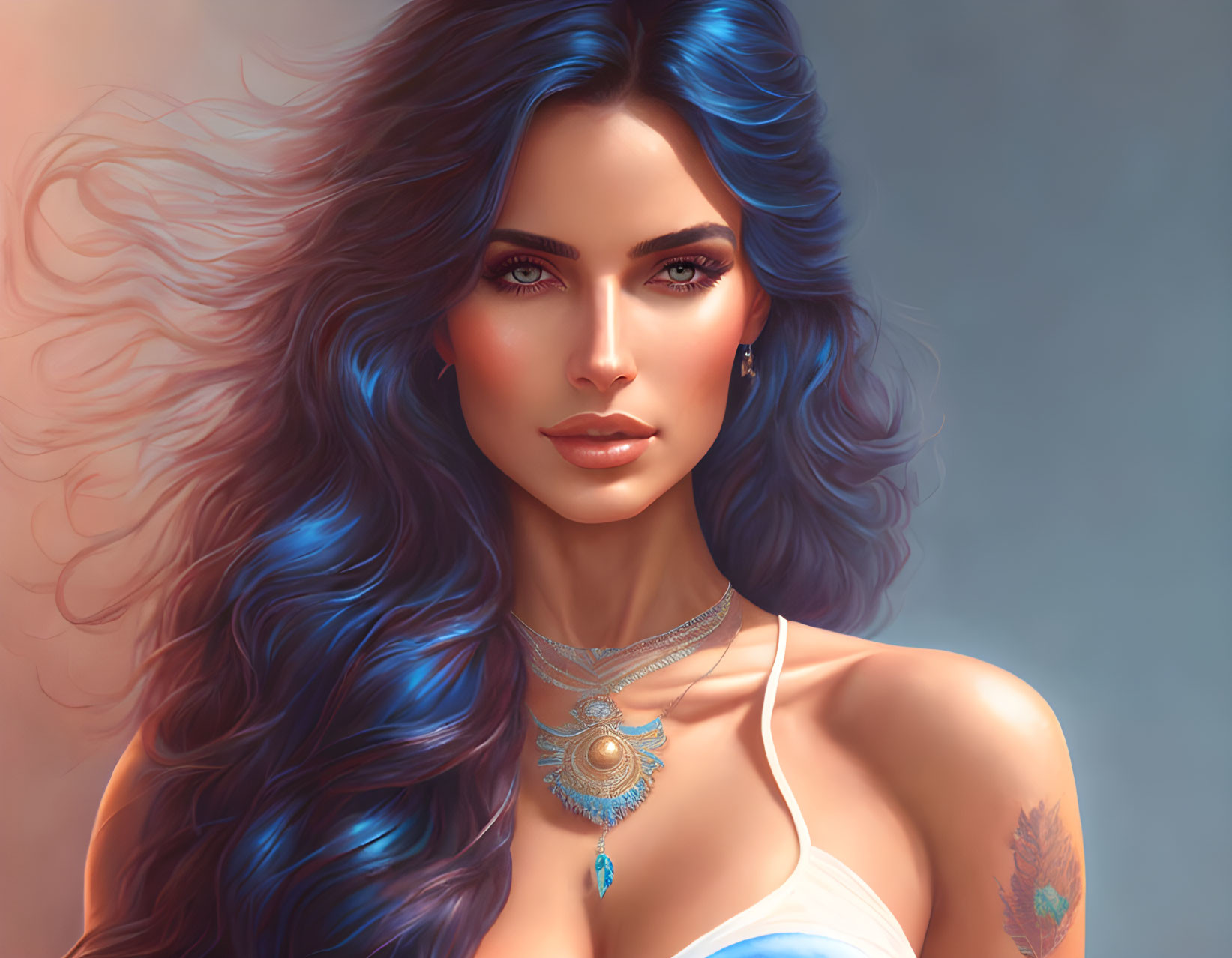 Detailed digital artwork of woman with blue hair and green eyes