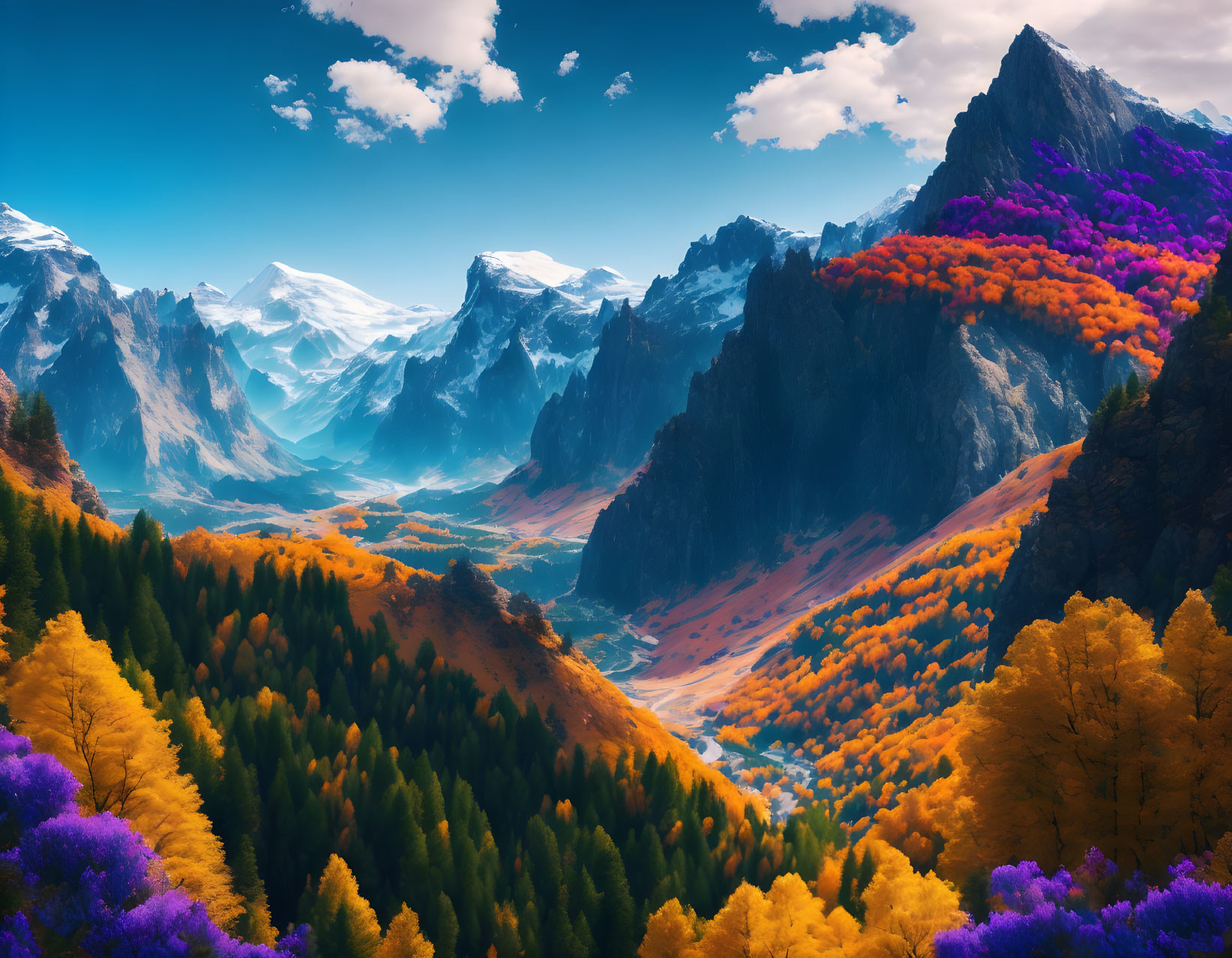 Colorful autumn forest in mountain landscape with blue sky and snow-capped peaks