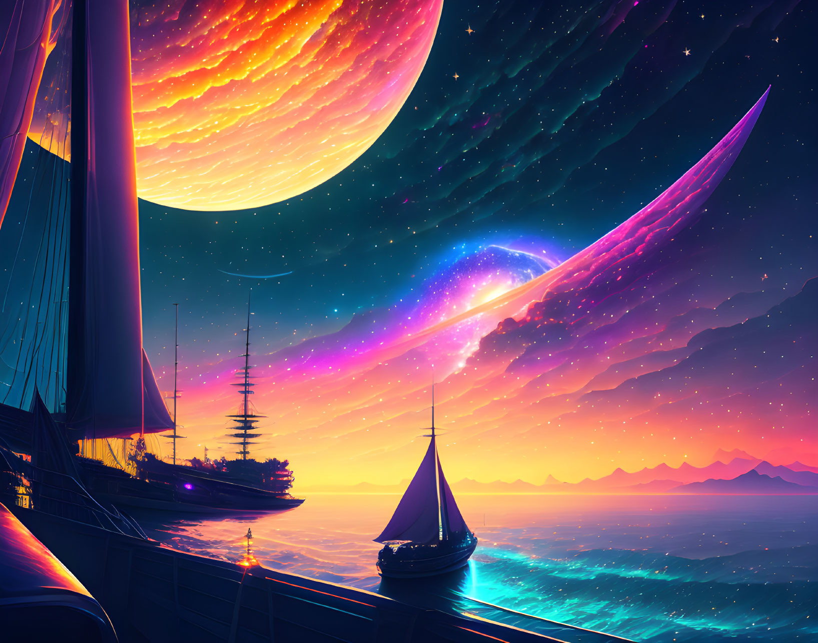 Colorful sci-fi seascape with sailing ships, planet, nebula, and stars at twilight