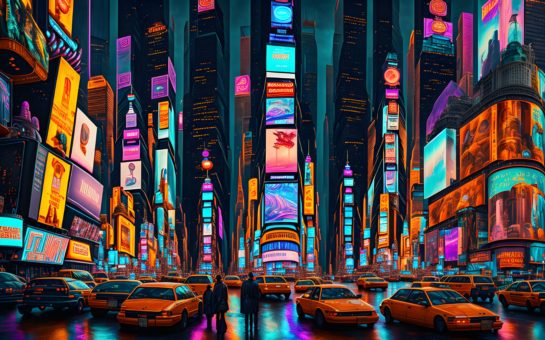 Neon-lit cityscape with skyscrapers, billboards, taxis, and crowd at twilight