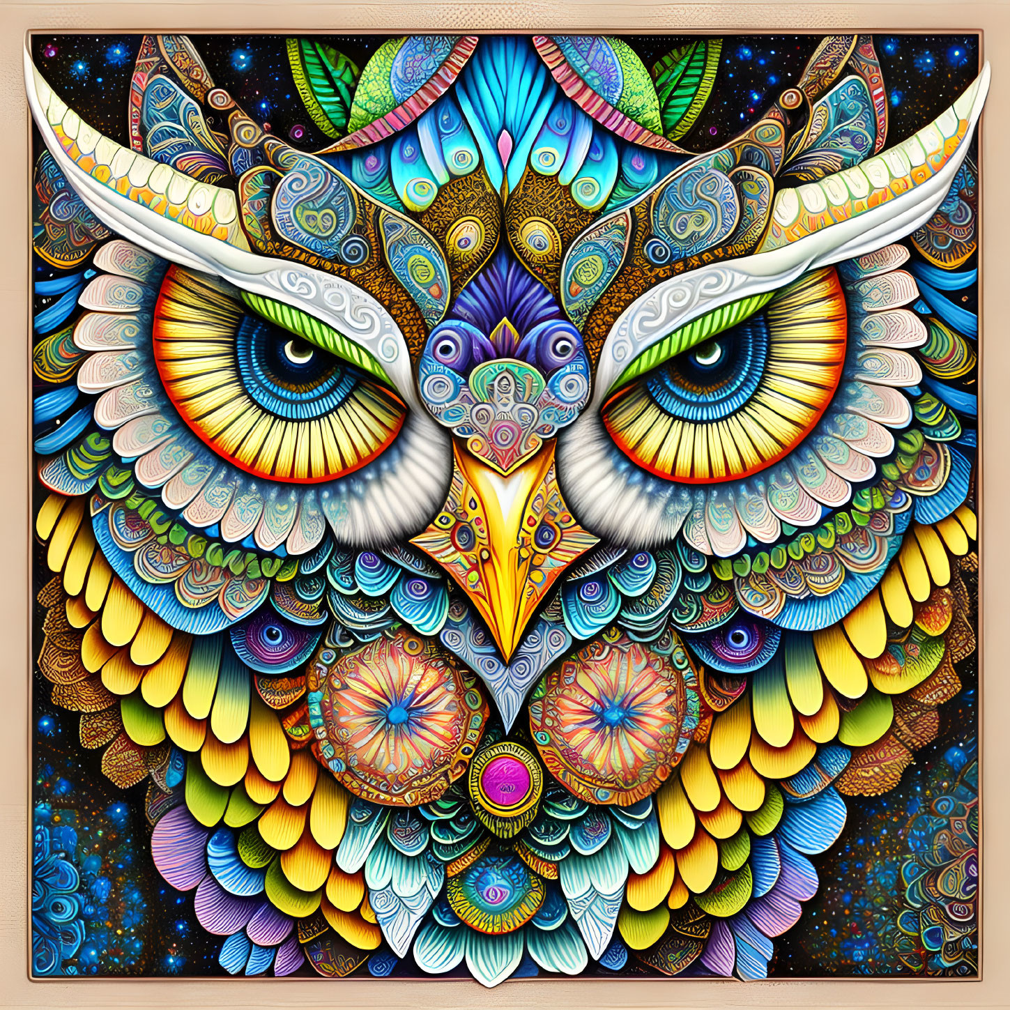 Colorful Owl Illustration with Intricate Patterns and Hypnotic Eyes