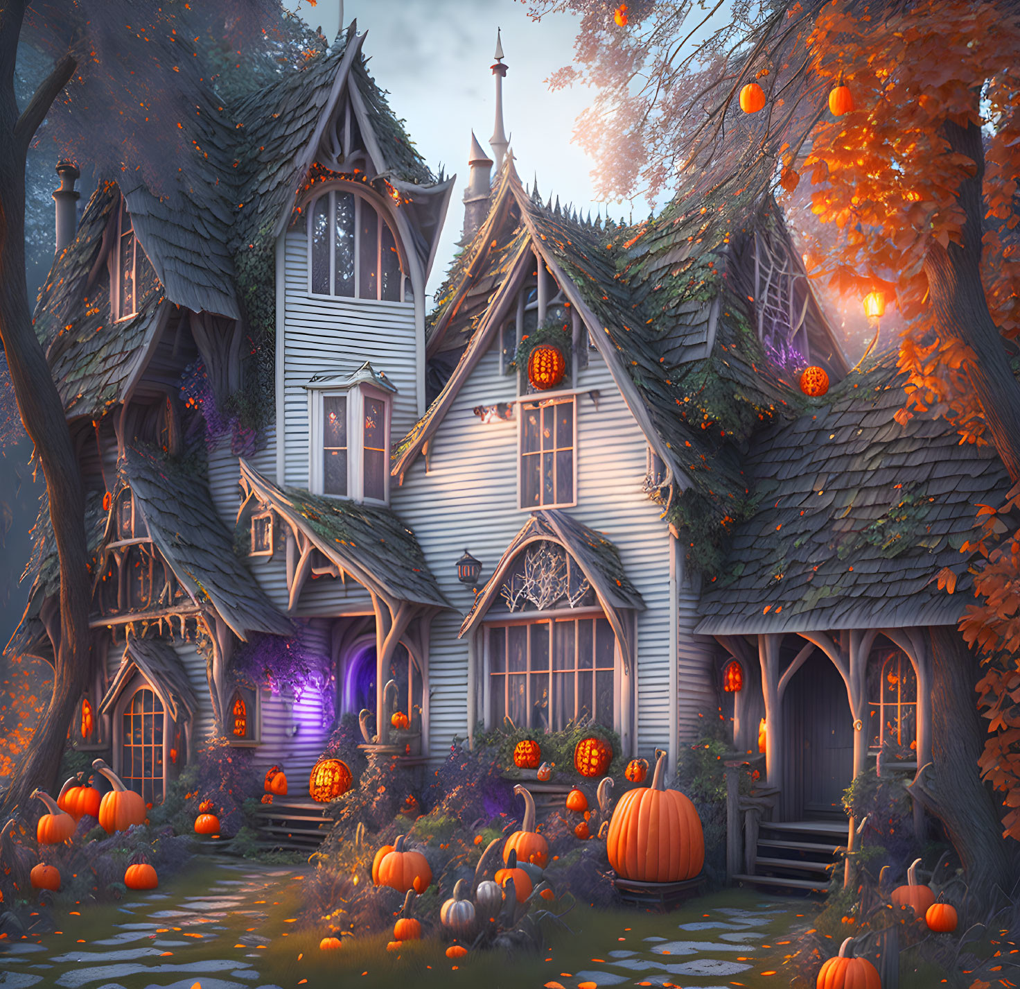 Victorian-style house with Halloween decorations in twilight.