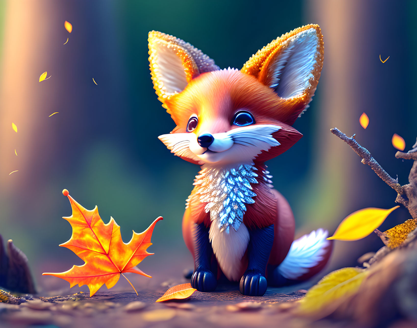 Colorful Anthropomorphized Fox Surrounded by Autumn Leaves