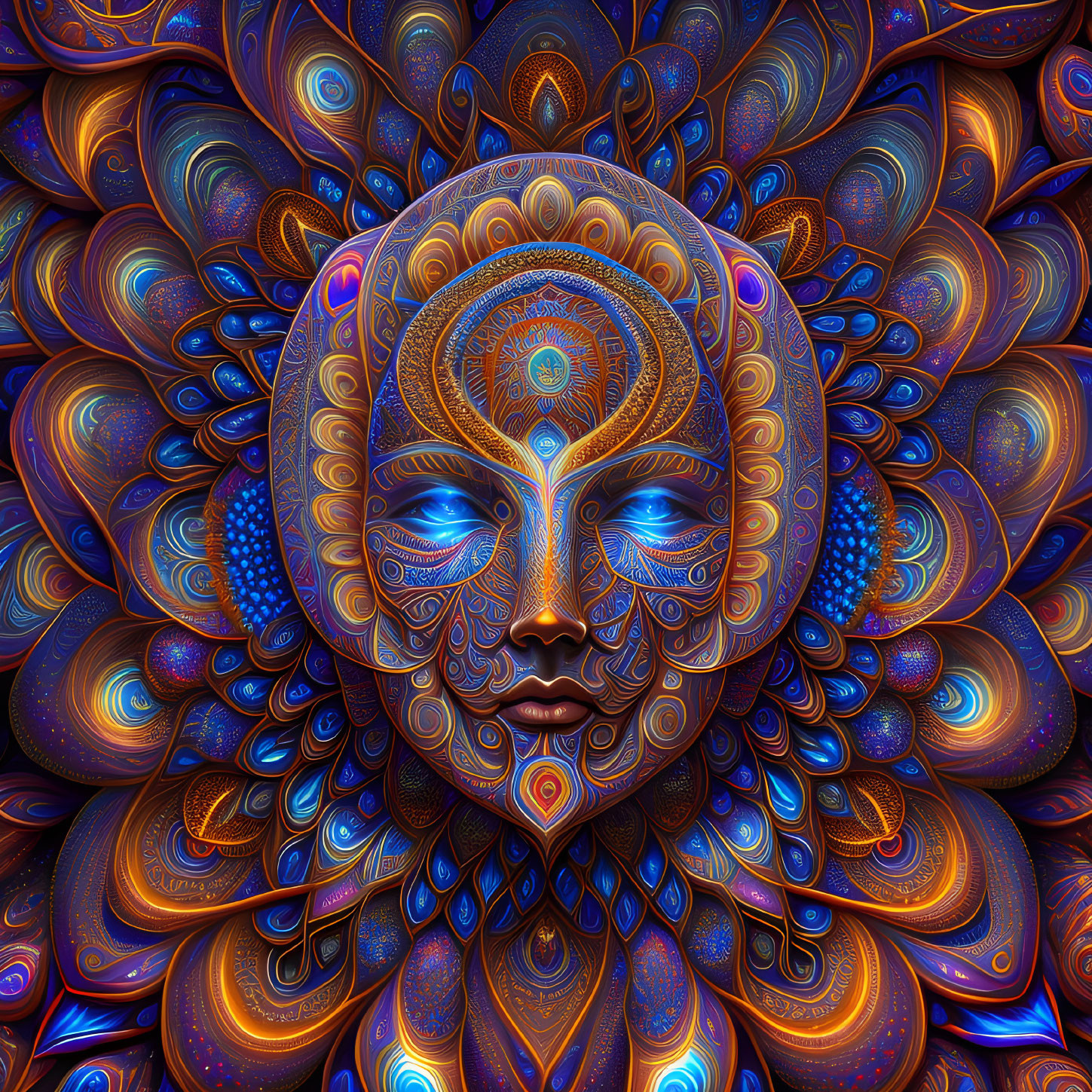 Symmetrical mandala-inspired digital artwork with serene blue-faced figure surrounded by colorful patterns