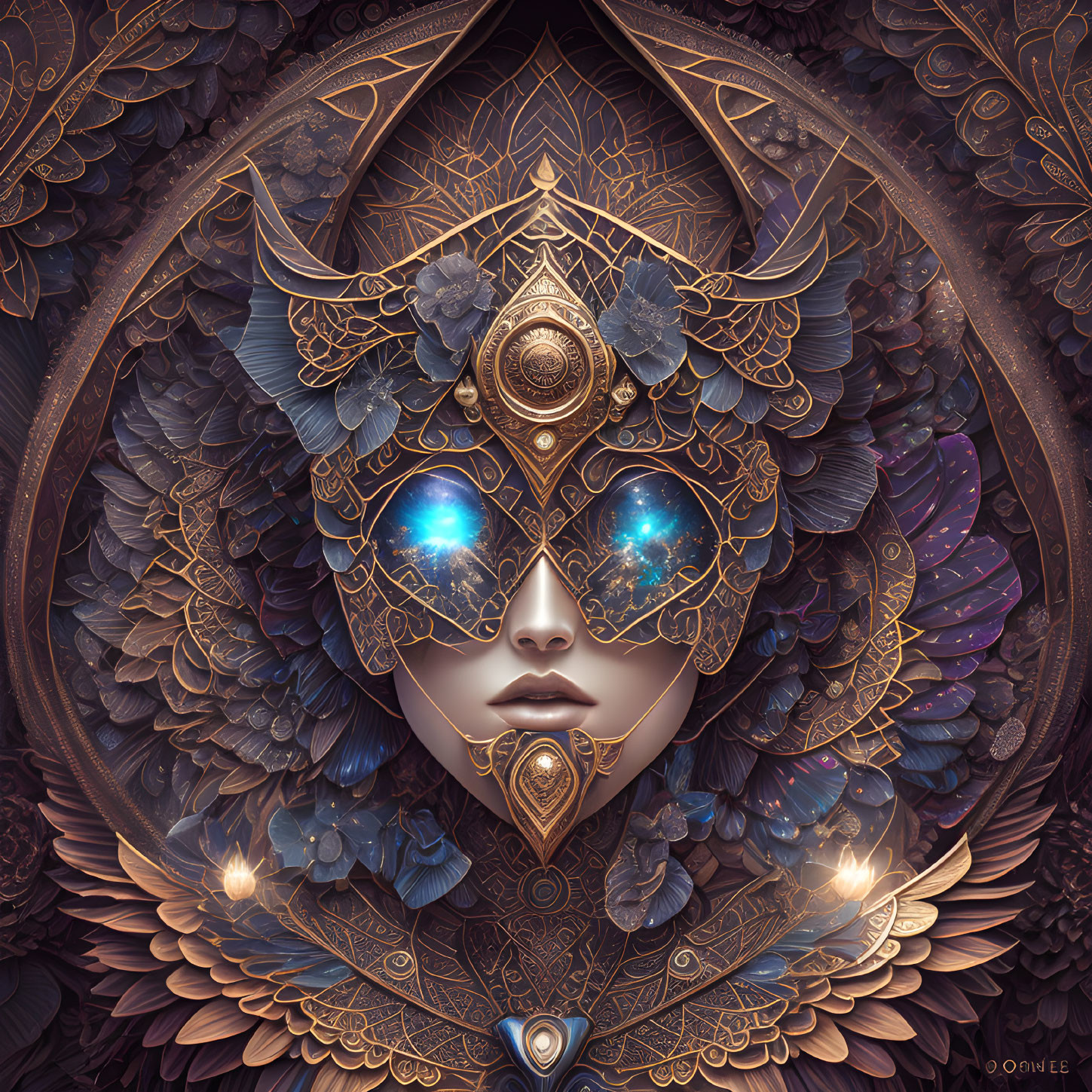 Cosmic digital artwork: face with gold and blue headdress, star-filled galaxy eyes, surrounded by