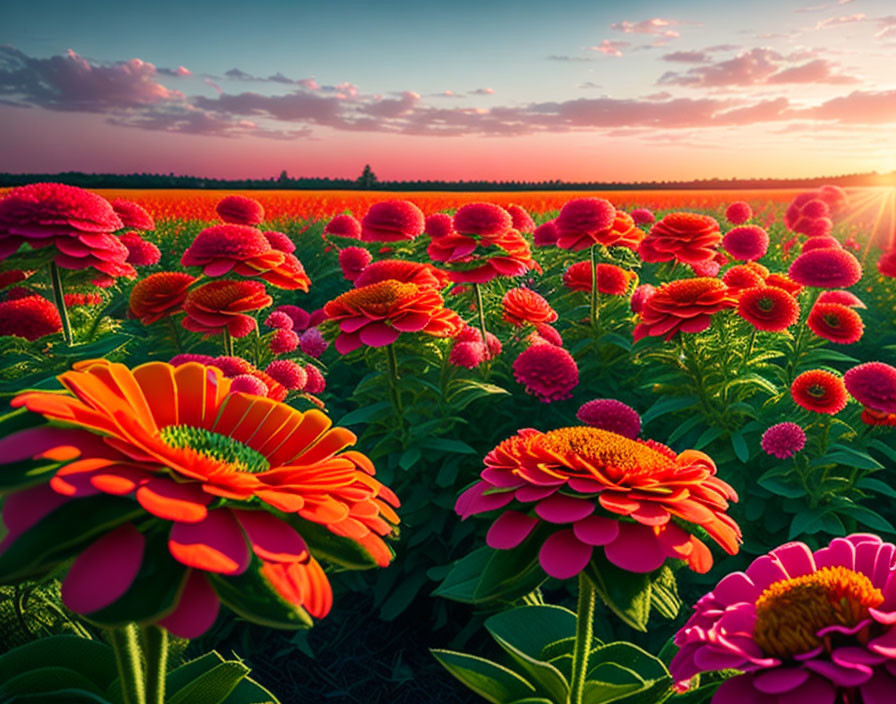 Vibrant red and orange gerbera daisies in sunset field