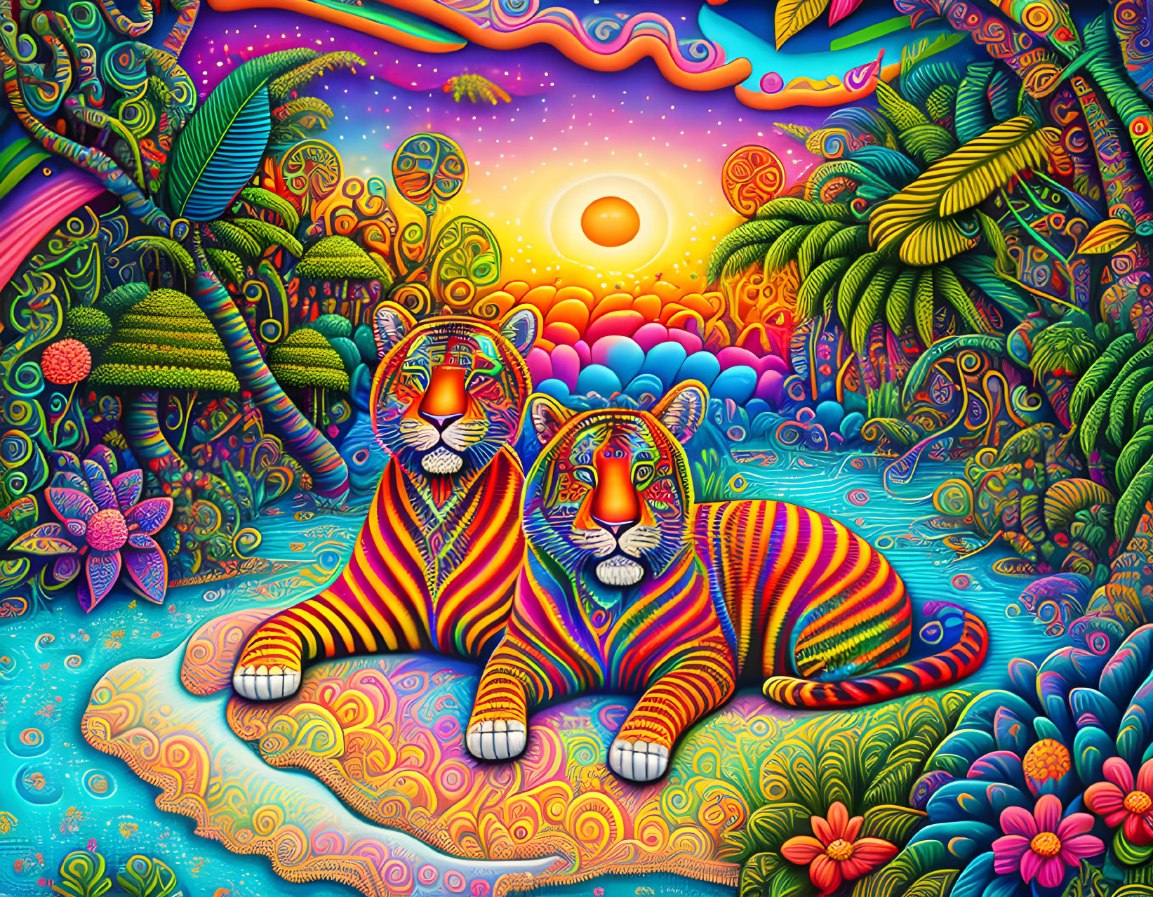 Vibrantly colored tigers in psychedelic jungle landscape