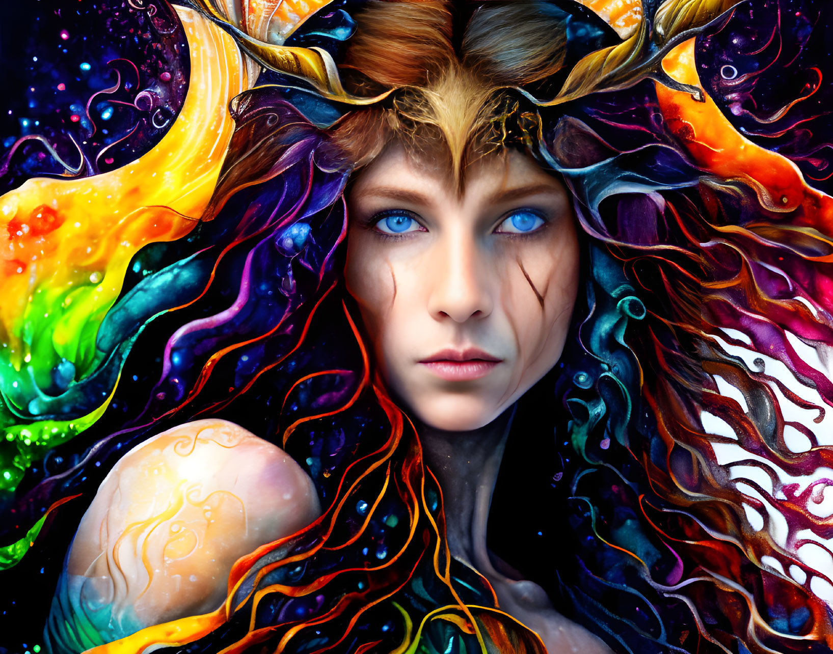 Colorful digital artwork of a woman with blue eyes, antlers, and cosmic hair