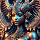 Detailed digital artwork of female figure with gold and blue headdress and feathers