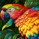 Colorful Parrot Relief Sculpture with Detailed Feathers on Patterned Background